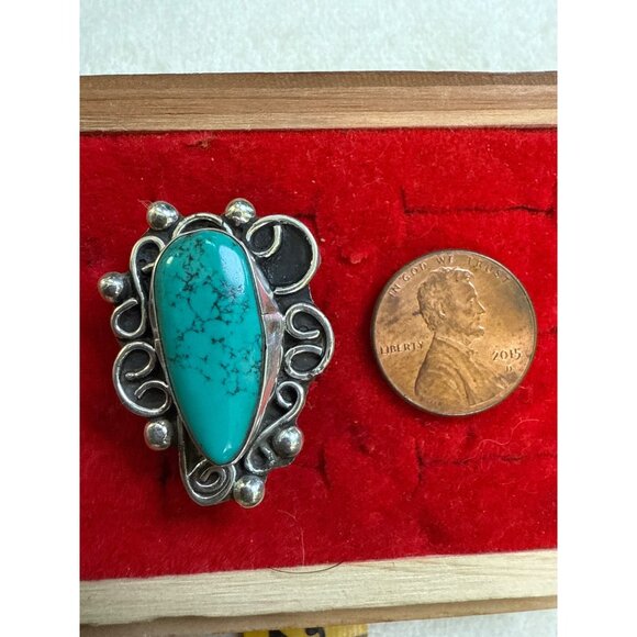 Sterling Silver & Turquoise Ring Intricate Design - Size 6 Adjustable - Picture 7 of 8